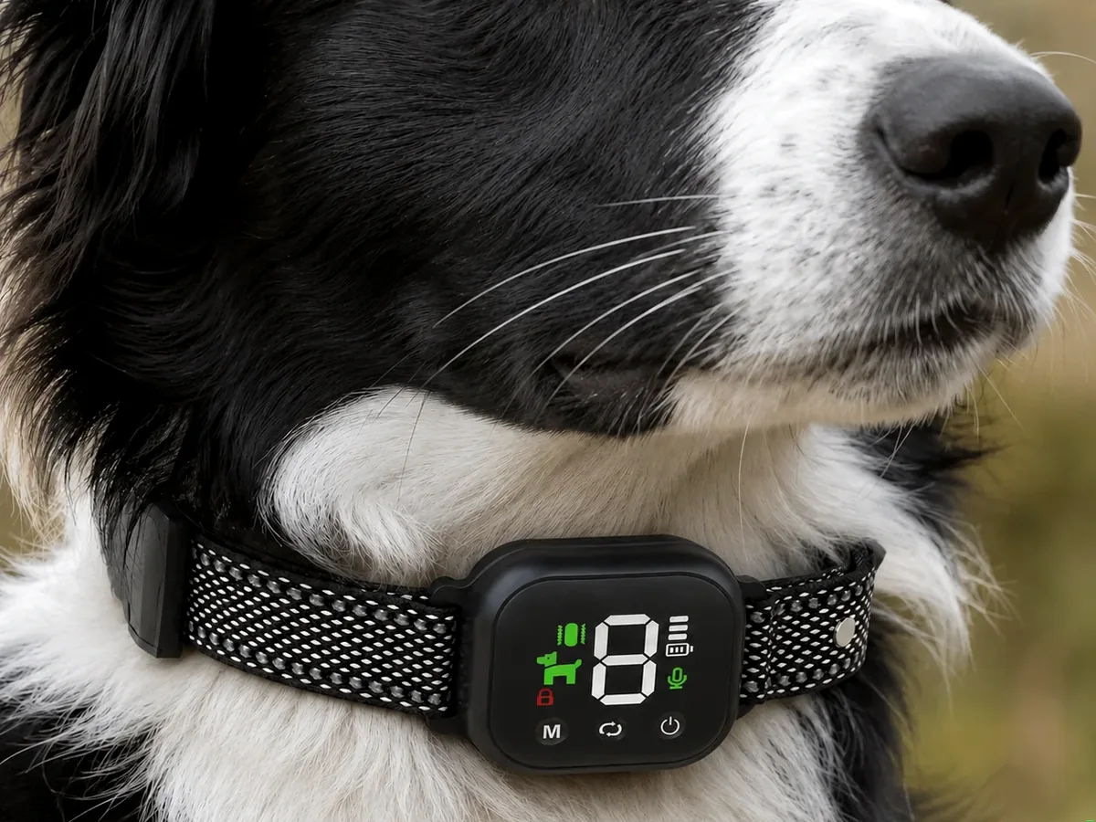 Border collie wearing the Hush Bark Smart Collar set to sensitivity level 8